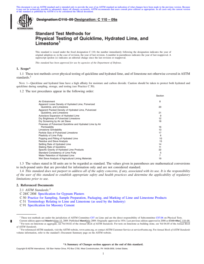 REDLINE ASTM C110-09a - Standard Test Methods for  Physical Testing of Quicklime, Hydrated Lime, and Limestone