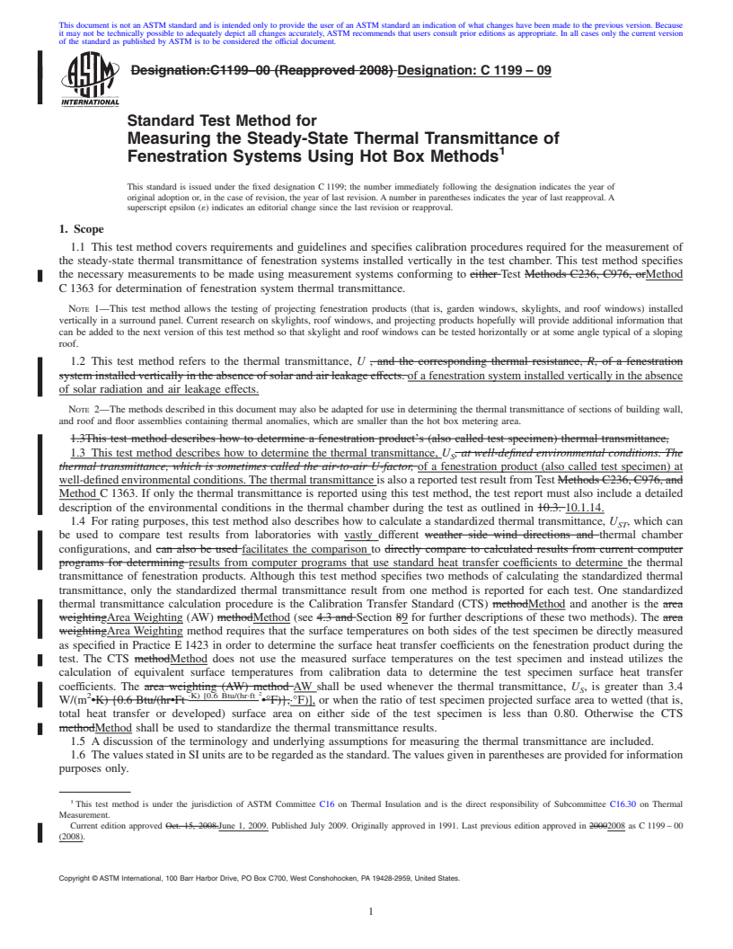 REDLINE ASTM C1199-09 - Standard Test Method for Measuring the Steady-State Thermal Transmittance of Fenestration Systems Using Hot Box Methods