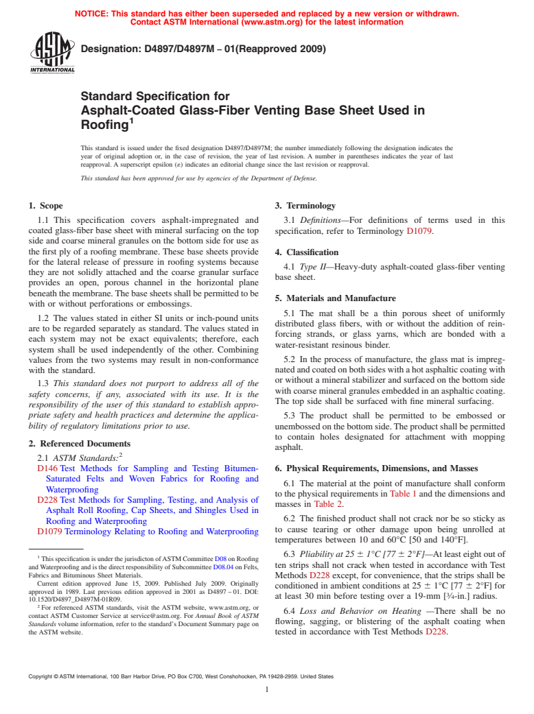 ASTM D4897/D4897M-01(2009) - Standard Specification for Asphalt-Coated Glass-Fiber Venting Base Sheet Used in Roofing