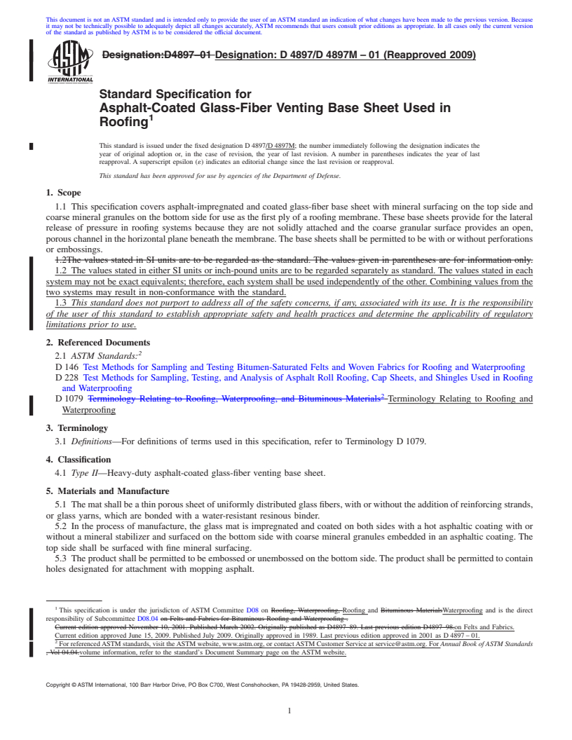 REDLINE ASTM D4897/D4897M-01(2009) - Standard Specification for Asphalt-Coated Glass-Fiber Venting Base Sheet Used in Roofing