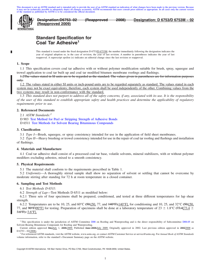 REDLINE ASTM D6753/D6753M-02(2009) - Standard Specification for Coal Tar Adhesive