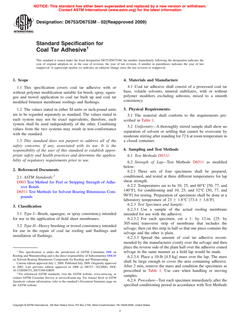 ASTM D6753/D6753M-02(2009) - Standard Specification for Coal Tar Adhesive