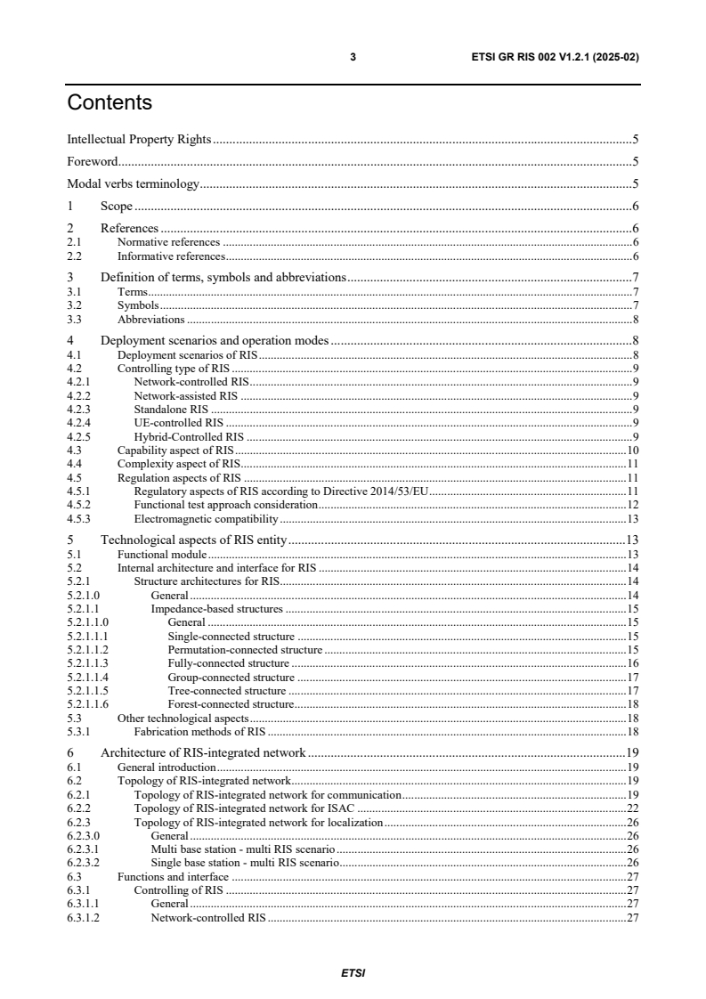ETSI GR RIS 002 V1.2.1 (2025-02) ETSI GR RIS 002 V1.2.1 (2025-02) - Reconfigurable Intelligent Surfaces (RIS); Technological challenges, architecture and impact on standardization