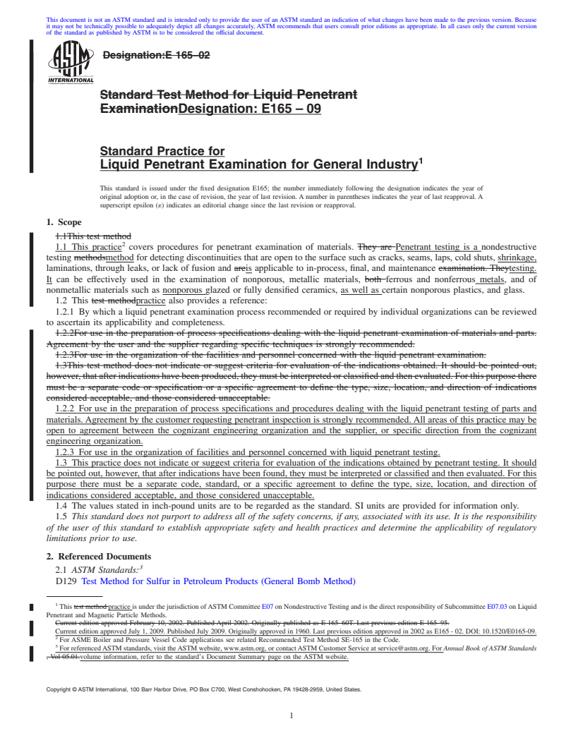 REDLINE ASTM E165-09 - Standard Practice for Liquid Penetrant Examination for General Industry