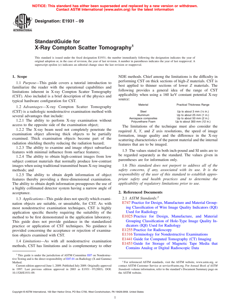 ASTM E1931-09 - Standard Guide for X-Ray Compton Scatter Tomography