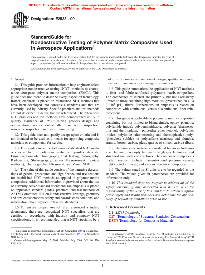 ASTM E2533-09 - Standard Guide for Nondestructive Testing of Polymer Matrix Composites Used in Aerospace Applications