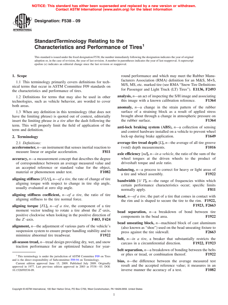 ASTM F538-09 - Standard Terminology Relating to the Characteristics and Performance of Tires