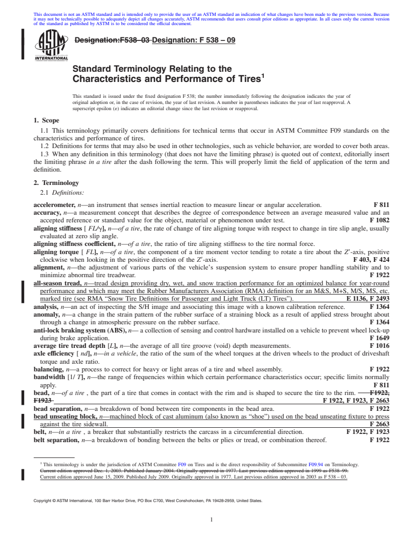 REDLINE ASTM F538-09 - Standard Terminology Relating to the Characteristics and Performance of Tires