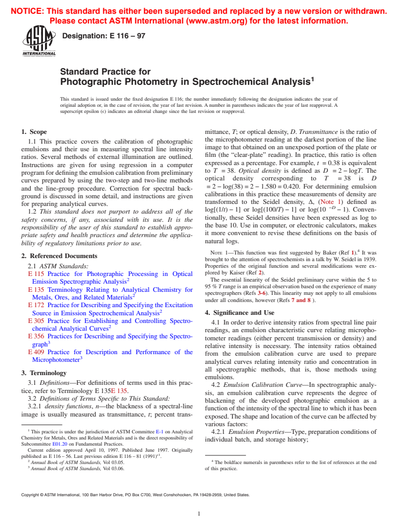 ASTM E116-97 - Standard Practice for Photographic Photometry in Spectrochemical Analysis (Withdrawn 2002)