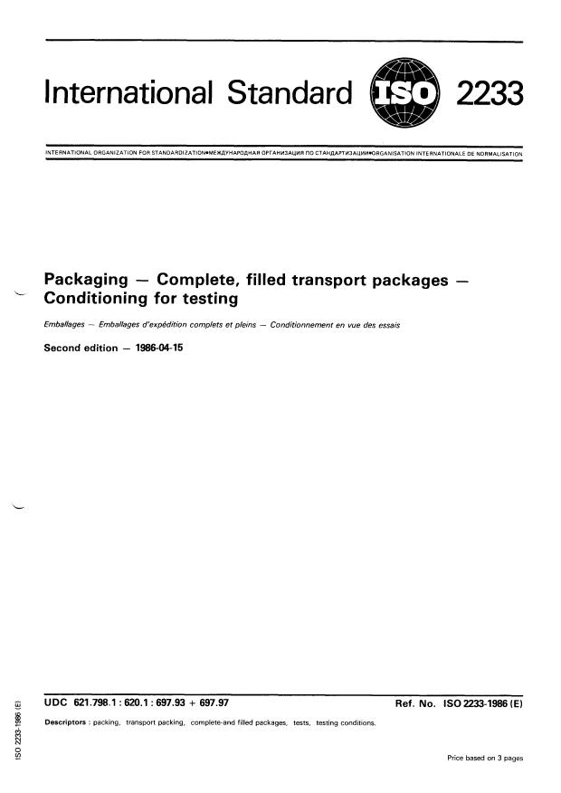ISO 2233:1986 - Packaging -- Complete, filled transport packages -- Conditioning for testing