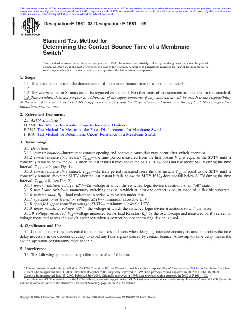 REDLINE ASTM F1661-09 - Standard Test Method for Determining the Contact Bounce Time of a Membrane Switch