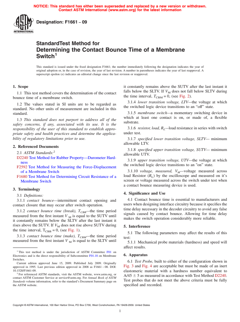 ASTM F1661-09 - Standard Test Method for Determining the Contact Bounce Time of a Membrane Switch