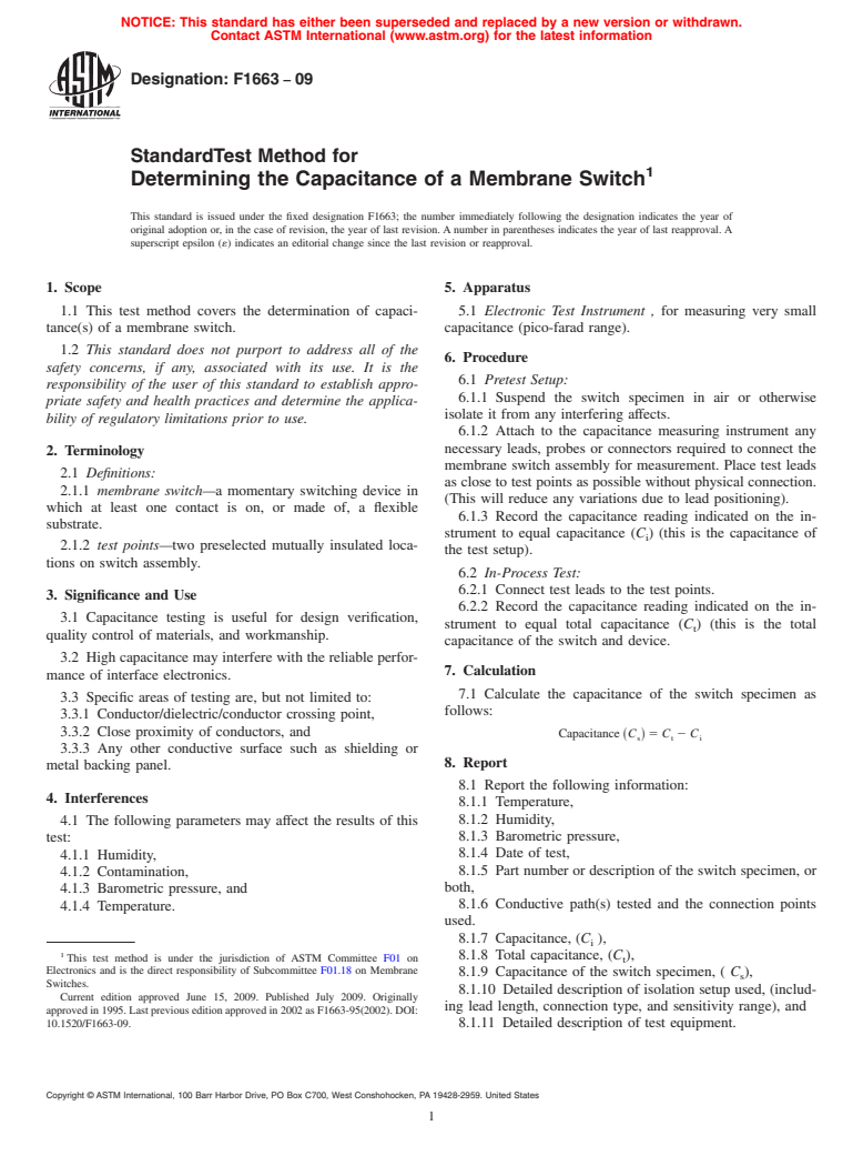 ASTM F1663-09 - Standard Test Method for Determining the Capacitance of a Membrane Switch