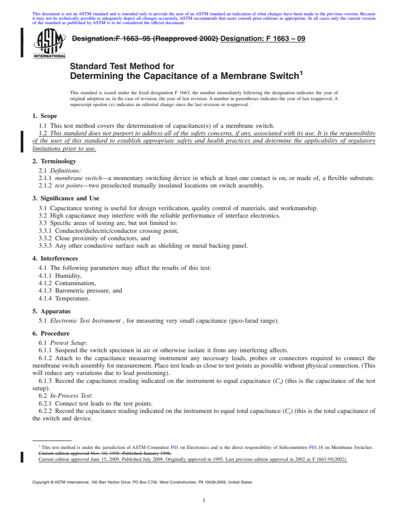 REDLINE ASTM F1663-09 - Standard Test Method for Determining the Capacitance of a Membrane Switch