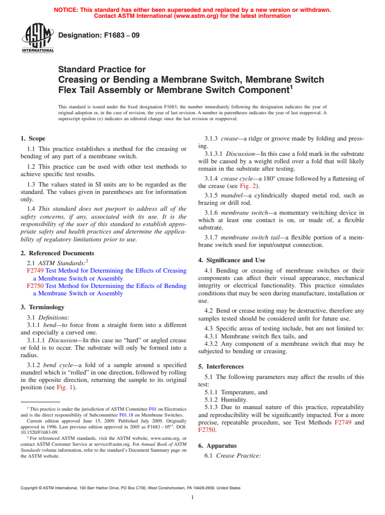 ASTM F1683-09 - Standard Practice for Creasing or Bending a Membrane Switch, Membrane Switch Flex Tail Assembly or Membrane Switch Component (Withdrawn 2018)