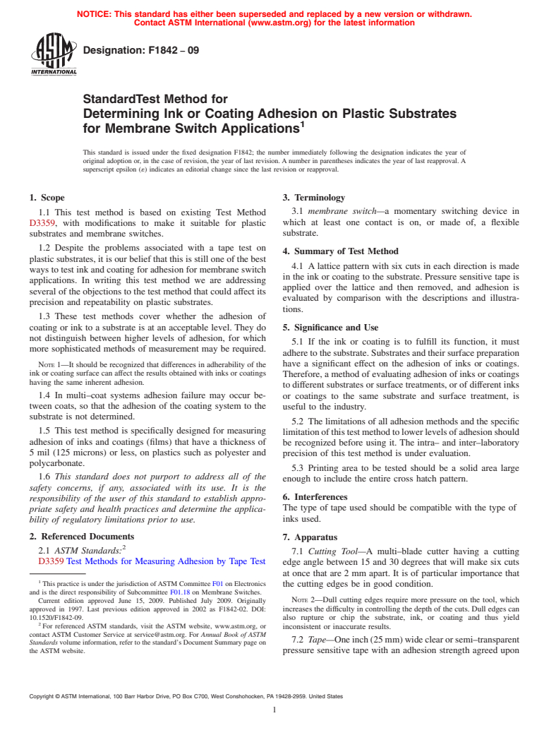 ASTM F1842-09 - Standard Test Method for Determining Ink or Coating Adhesion on Plastic Substrates for Membrane Switch Applications