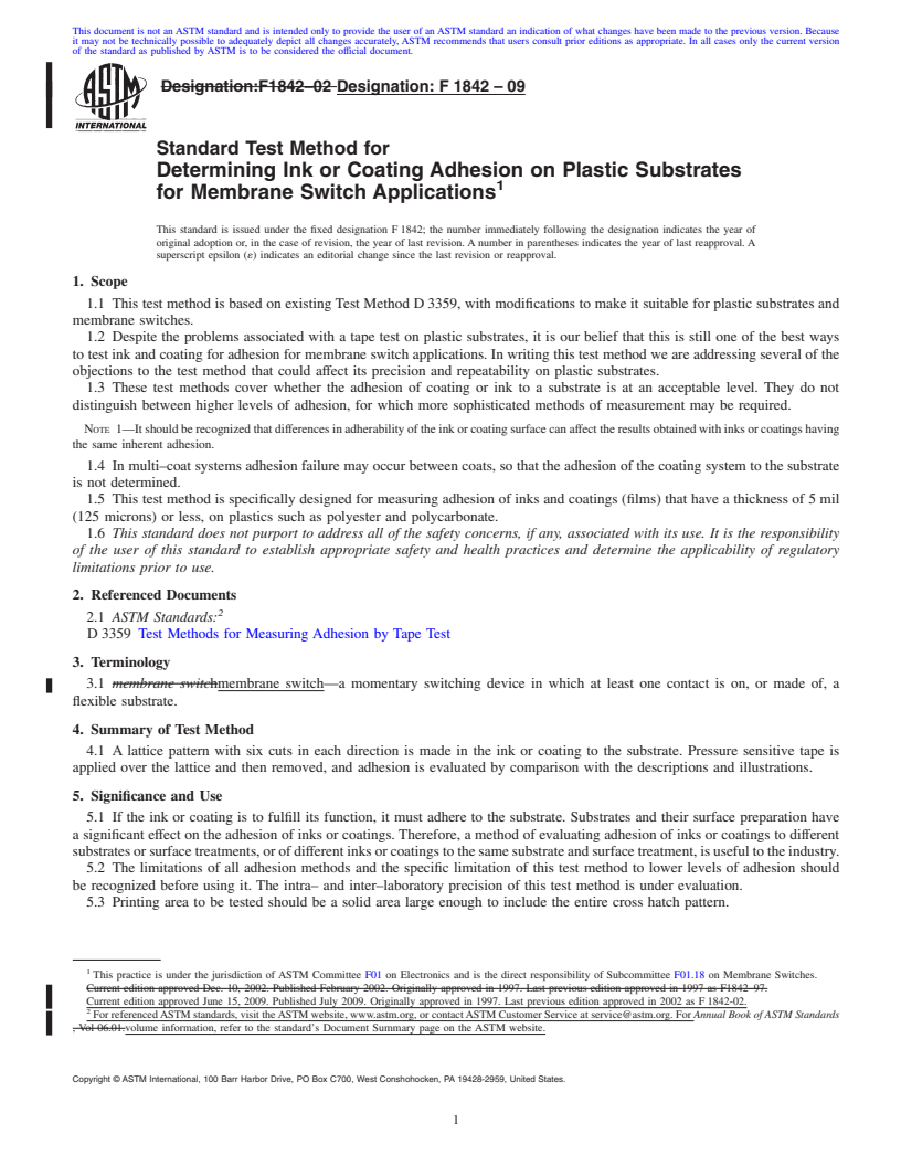 REDLINE ASTM F1842-09 - Standard Test Method for Determining Ink or Coating Adhesion on Plastic Substrates for Membrane Switch Applications