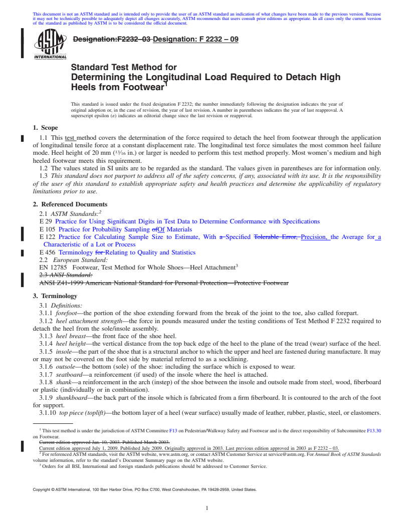 REDLINE ASTM F2232-09 - Standard Test Method for Determining the Longitudinal Load Required to Detach High Heels from Footwear