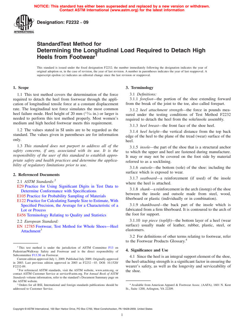 ASTM F2232-09 - Standard Test Method for Determining the Longitudinal Load Required to Detach High Heels from Footwear