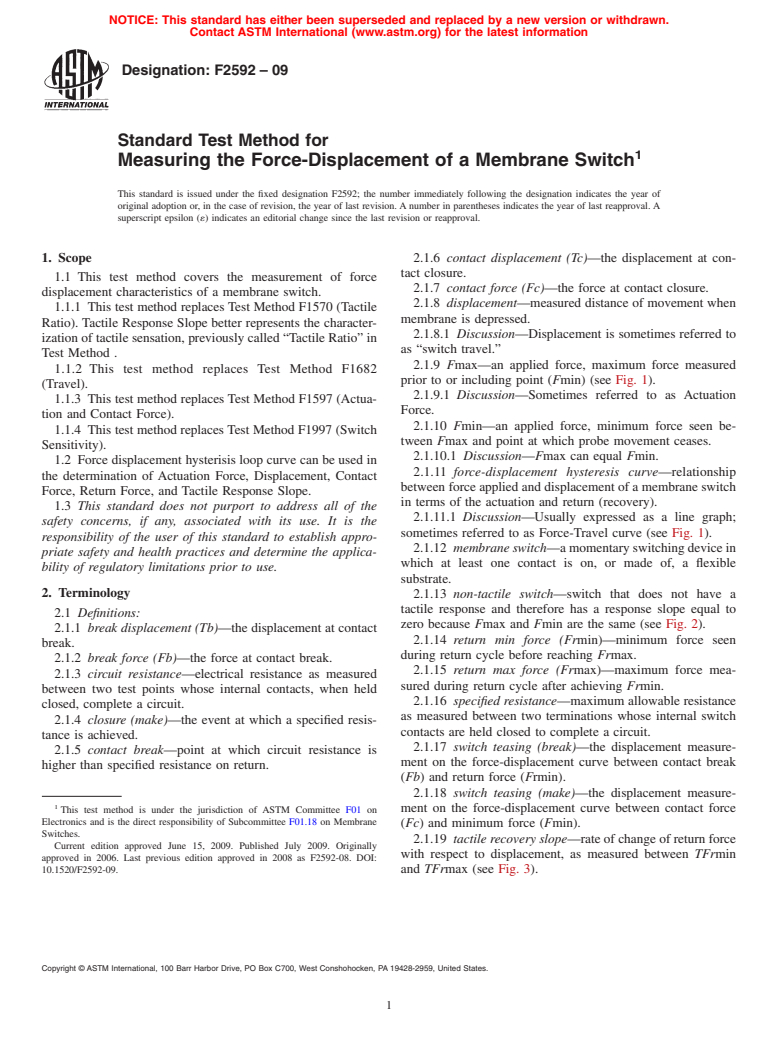 ASTM F2592-09 - Standard Test Method for Measuring the Force-Displacement of a Membrane Switch