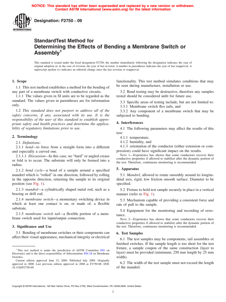 ASTM F2750-09 - Standard Test Method for Determining the Effects of Bending a Membrane Switch or Assembly