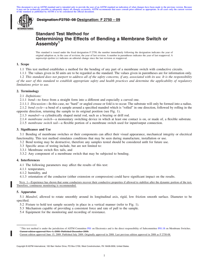 REDLINE ASTM F2750-09 - Standard Test Method for Determining the Effects of Bending a Membrane Switch or Assembly