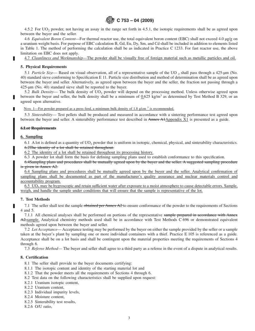 REDLINE ASTM C753-04(2009) - Standard Specification for Nuclear-Grade, Sinterable Uranium Dioxide Powder