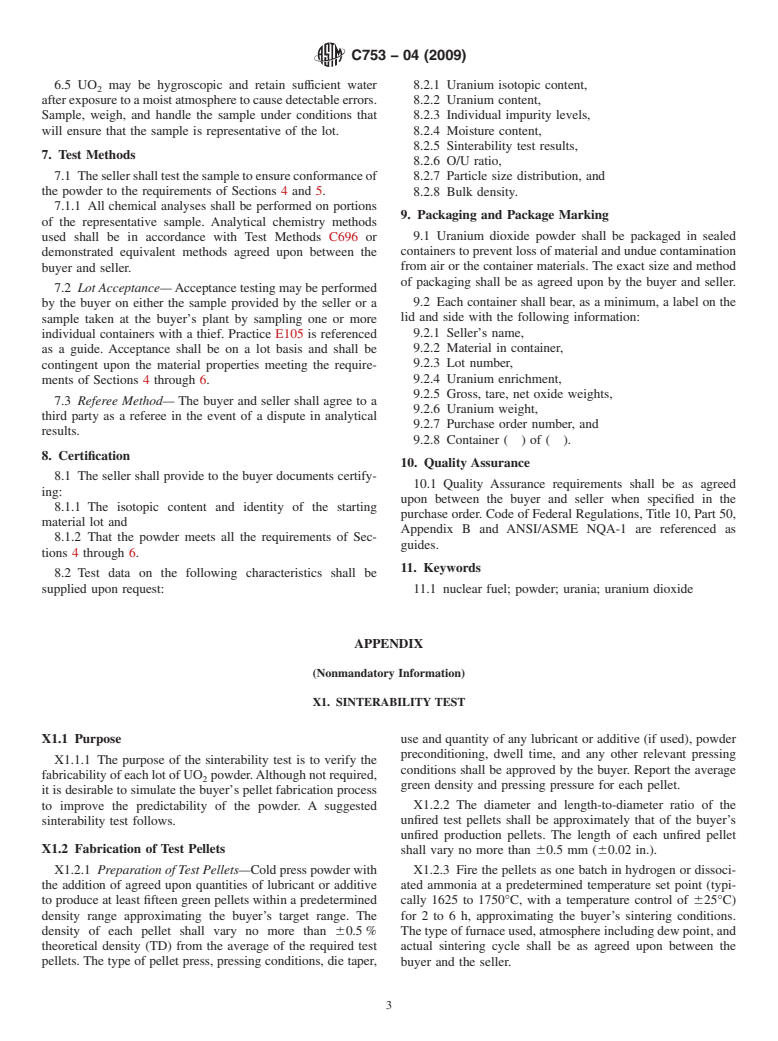 ASTM C753-04(2009) - Standard Specification for Nuclear-Grade, Sinterable Uranium Dioxide Powder