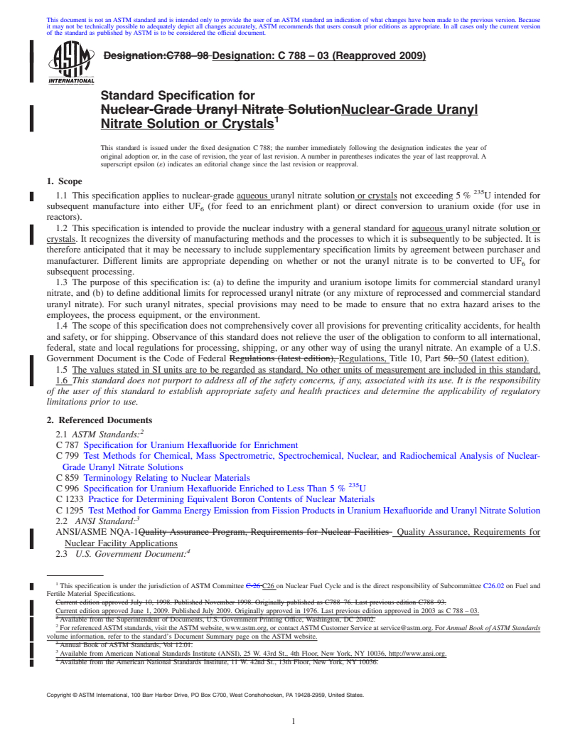 REDLINE ASTM C788-03(2009) - Standard Specification for Nuclear-Grade Uranyl Nitrate Solution or Crystals