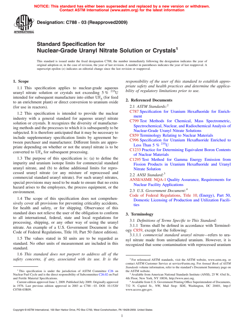 ASTM C788-03(2009) - Standard Specification for Nuclear-Grade Uranyl Nitrate Solution or Crystals