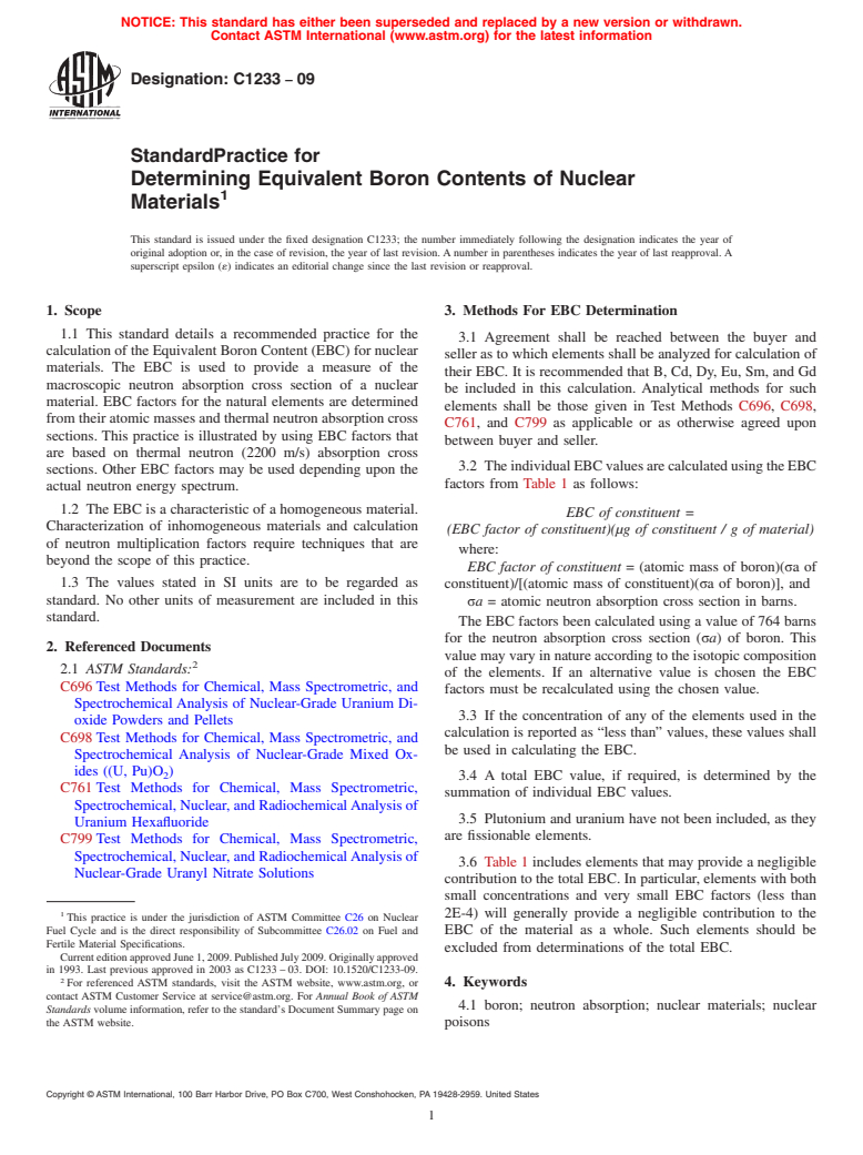 ASTM C1233-09 - Standard Practice for Determining Equivalent Boron Contents of Nuclear Materials