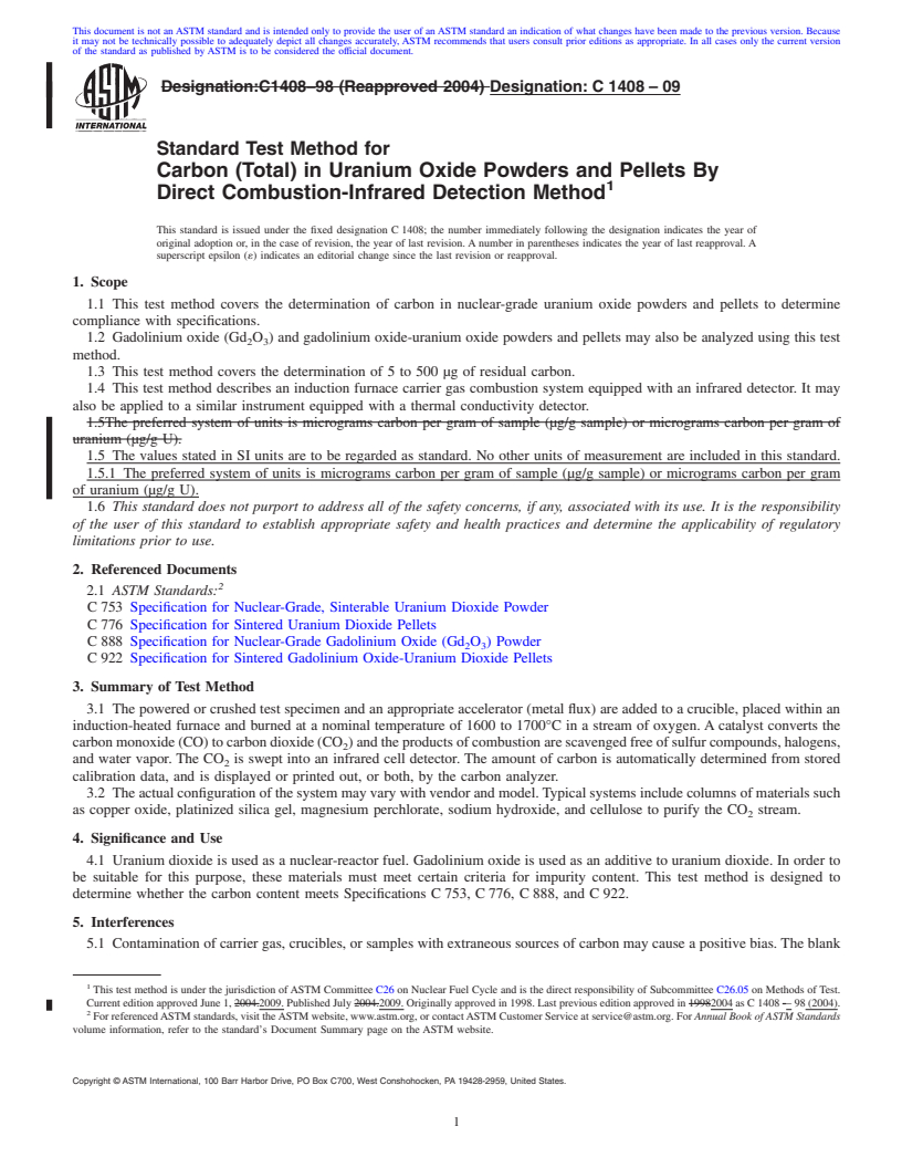 REDLINE ASTM C1408-09 - Standard Test Method for Carbon (Total) in Uranium Oxide Powders and Pellets By Direct Combustion-Infrared Detection Method