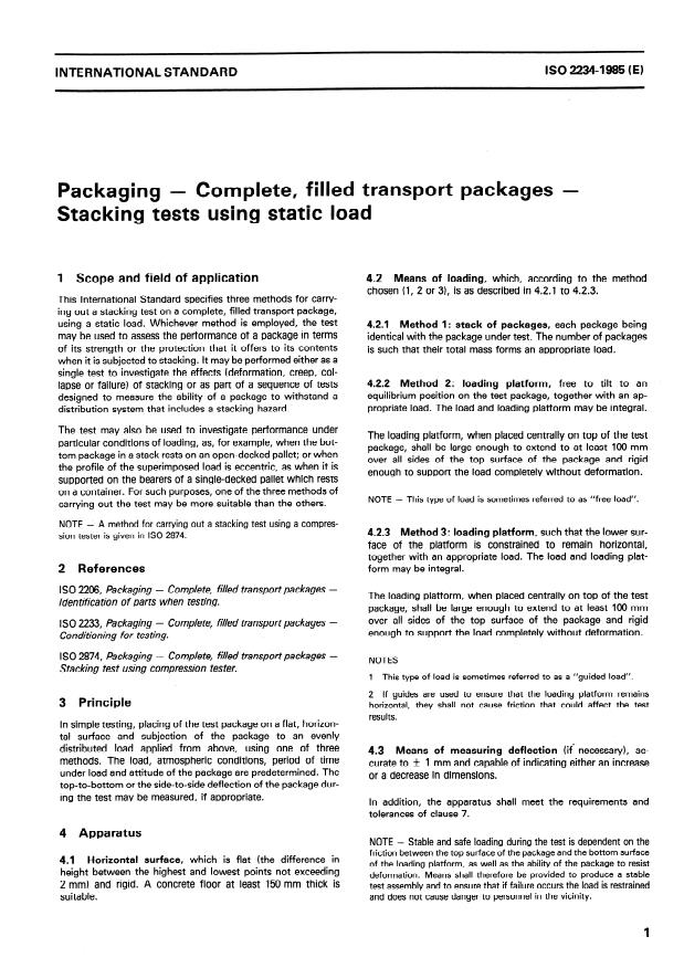 ISO 2234:1985 - Packaging -- Complete, filled transport packages -- Stacking tests using static load