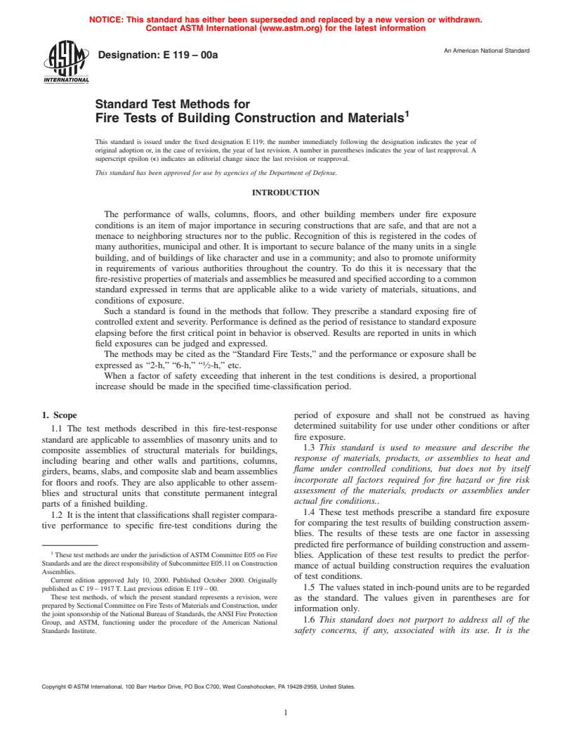 ASTM E119-00a - Standard Test Methods for Fire Tests of Building Construction and Materials