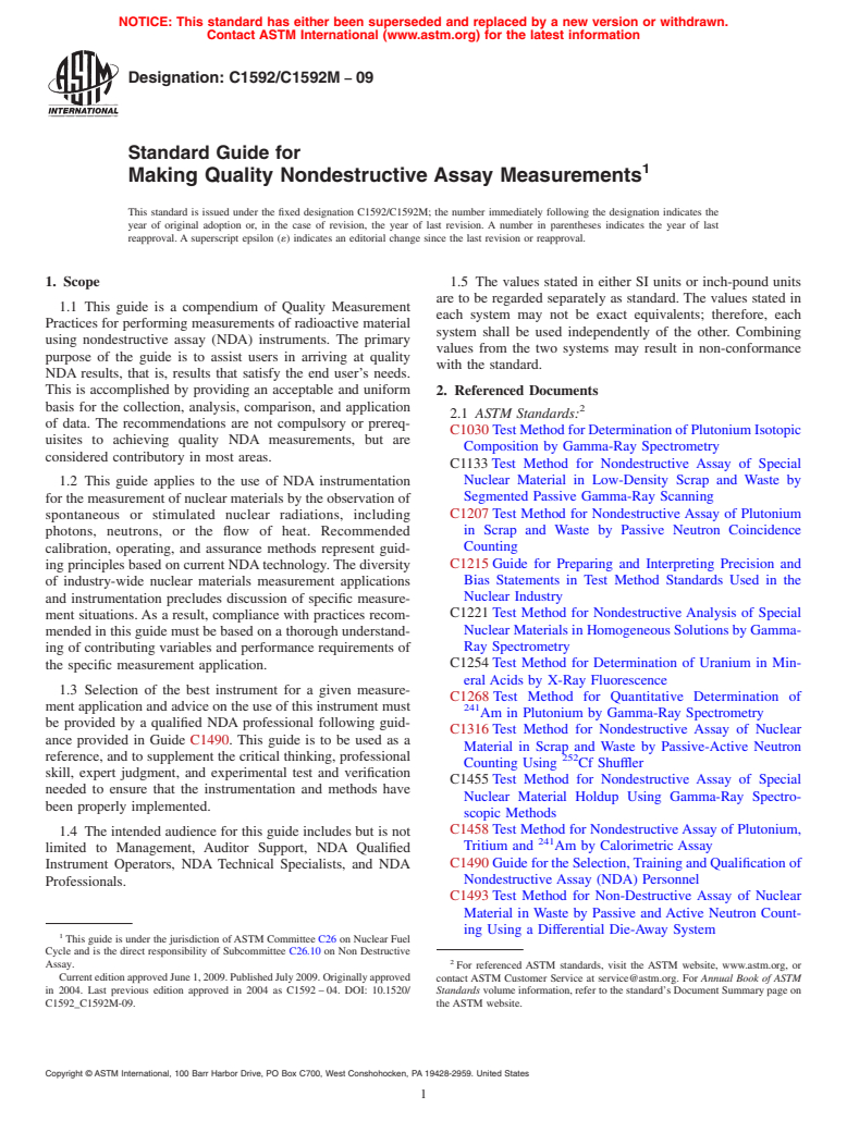 ASTM C1592/C1592M-09 - Standard Guide for Making Quality Nondestructive Assay Measurements (Withdrawn 2018)