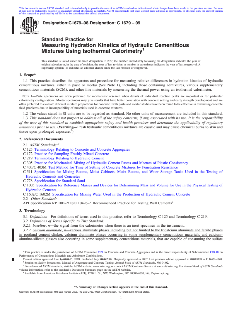 REDLINE ASTM C1679-09 - Standard Practice for Measuring Hydration Kinetics of Hydraulic Cementitious Mixtures Using Isothermal Calorimetry