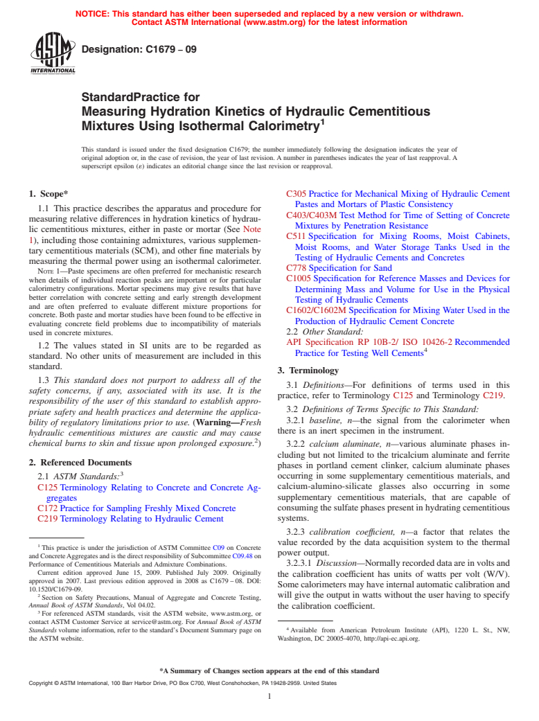 ASTM C1679-09 - Standard Practice for Measuring Hydration Kinetics of Hydraulic Cementitious Mixtures Using Isothermal Calorimetry