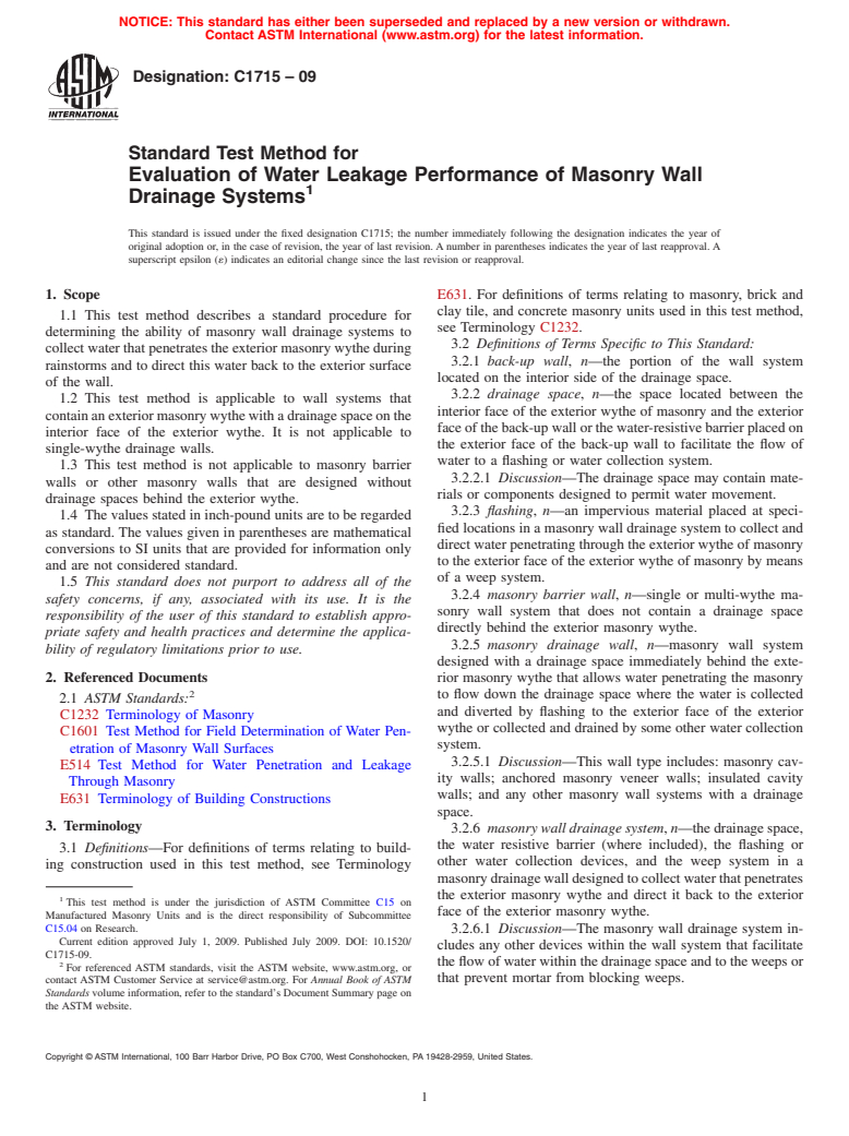 ASTM C1715-09 - Standard Test Method for Evaluation of Water Leakage Performance of Masonry Wall Drainage Systems