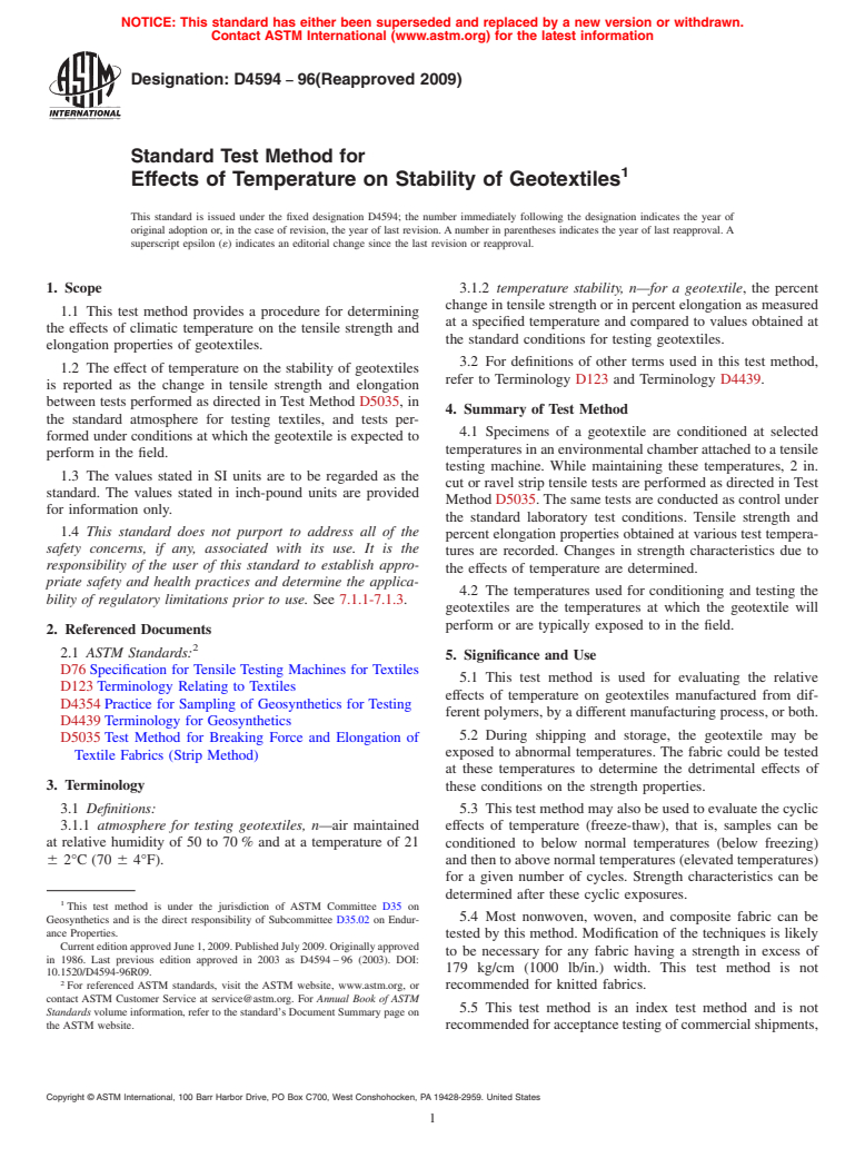 ASTM D4594-96(2009) - Standard Test Method for Effects of Temperature on Stability of Geotextiles