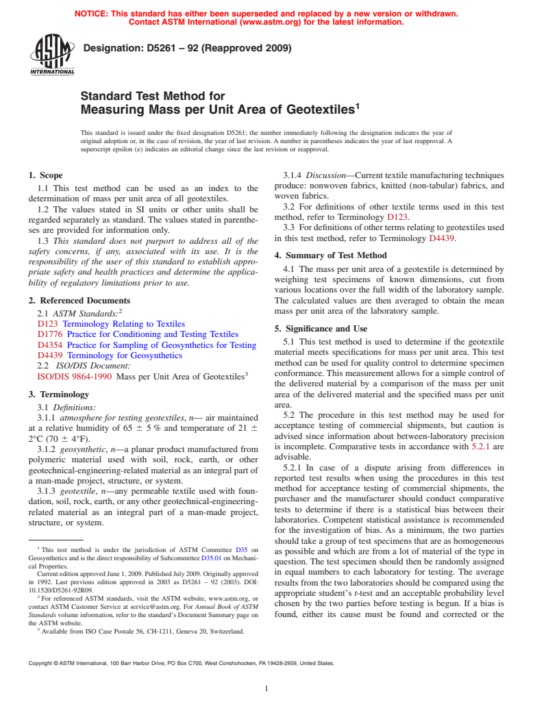 ASTM D5261-92(2009) - Standard Test Method for Measuring Mass per Unit Area of Geotextiles