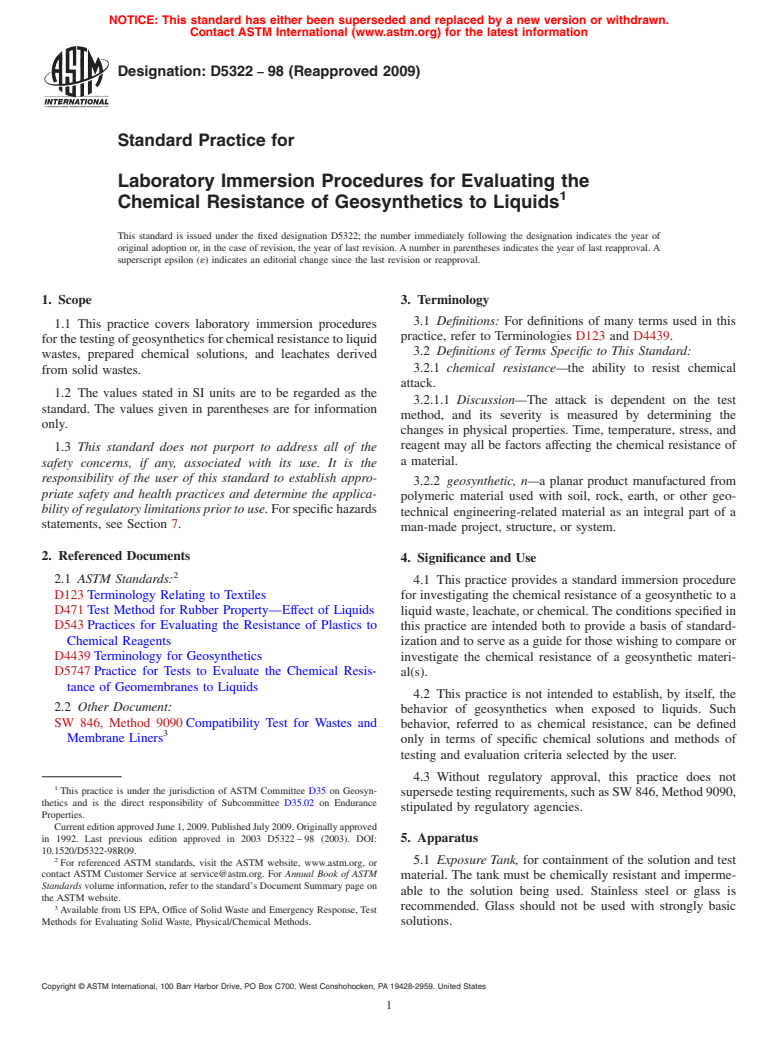 ASTM D5322-98(2009) - Standard Practice for Immersion Procedures for Evaluating the Chemical Resistance of Geosynthetics to Liquids