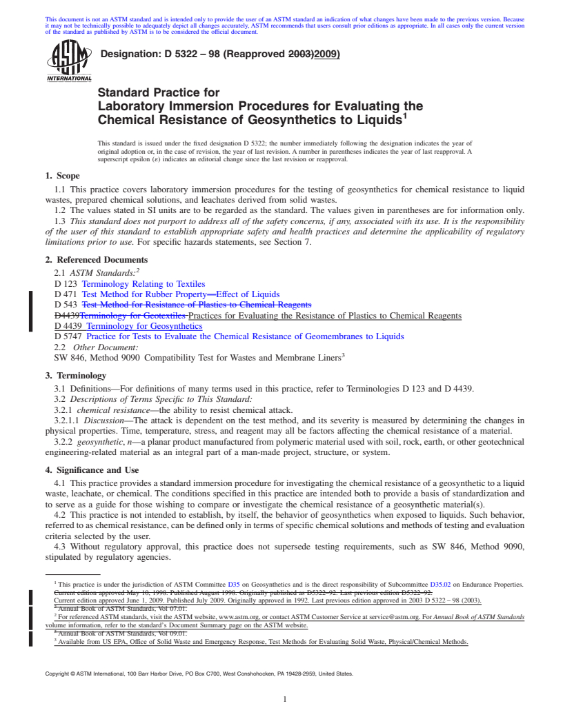 REDLINE ASTM D5322-98(2009) - Standard Practice for Immersion Procedures for Evaluating the Chemical Resistance of Geosynthetics to Liquids