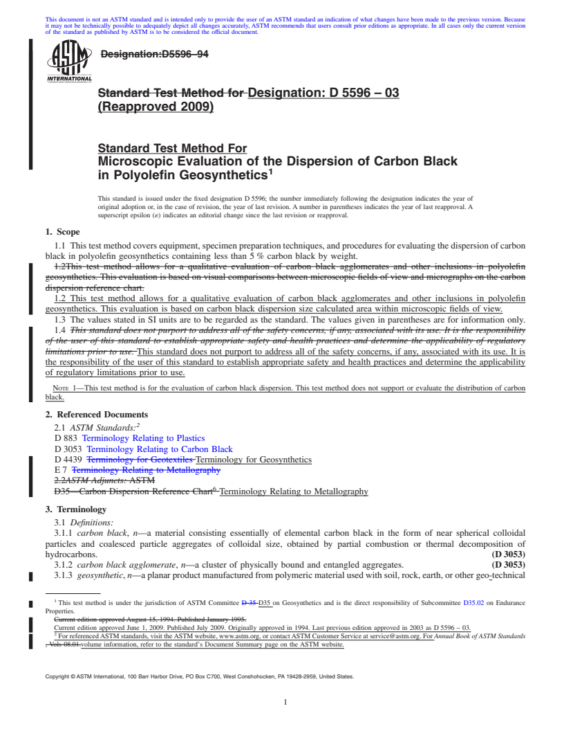 REDLINE ASTM D5596-03(2009) - Standard Test Method for Microscopic Evaluation of the Dispersion of Carbon Black in Polyolefin Geosynthetics