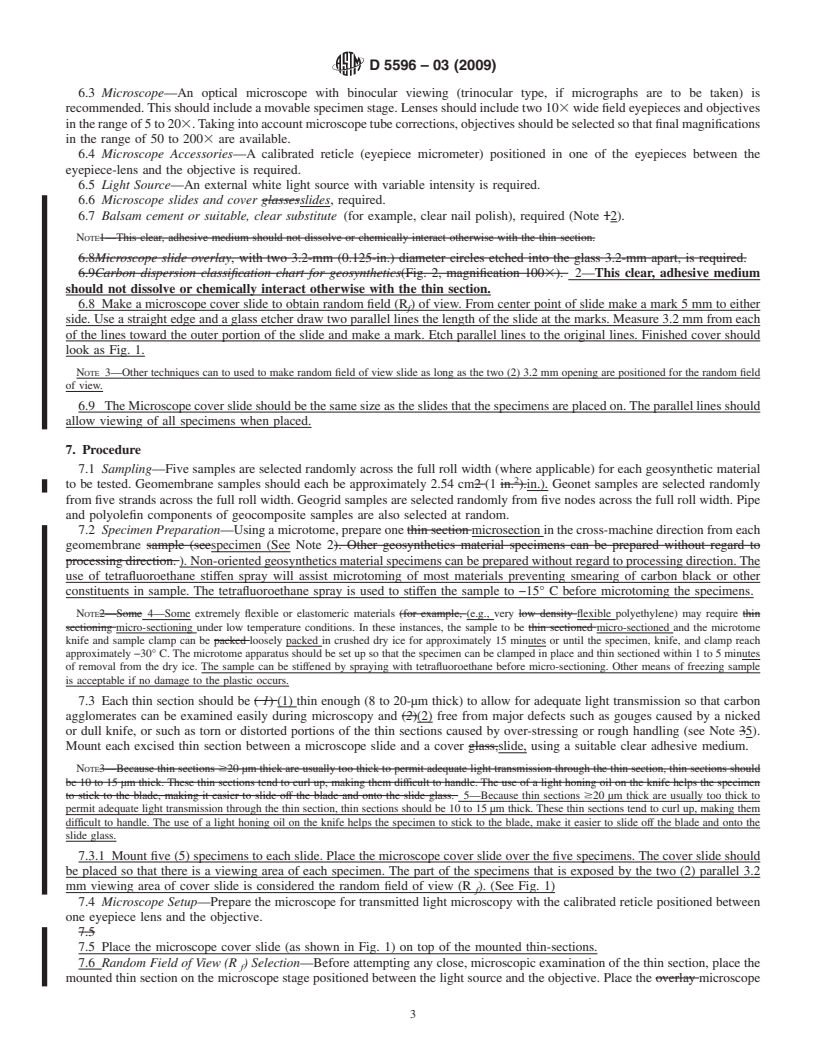 REDLINE ASTM D5596-03(2009) - Standard Test Method for Microscopic Evaluation of the Dispersion of Carbon Black in Polyolefin Geosynthetics