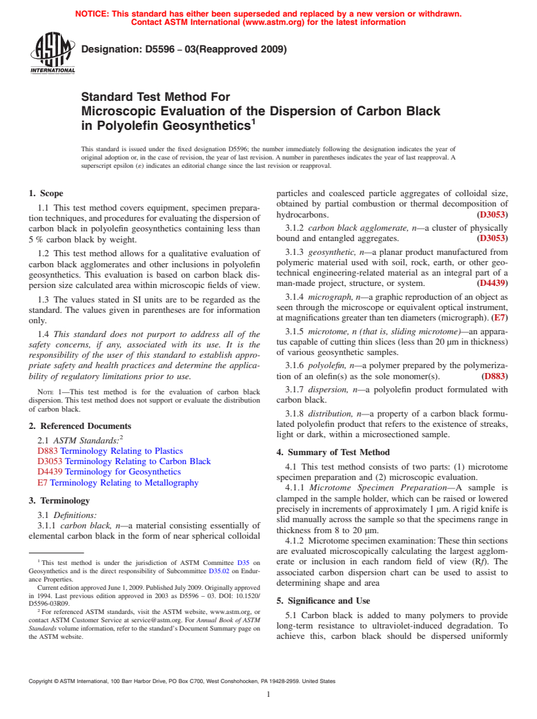 ASTM D5596-03(2009) - Standard Test Method for Microscopic Evaluation of the Dispersion of Carbon Black in Polyolefin Geosynthetics