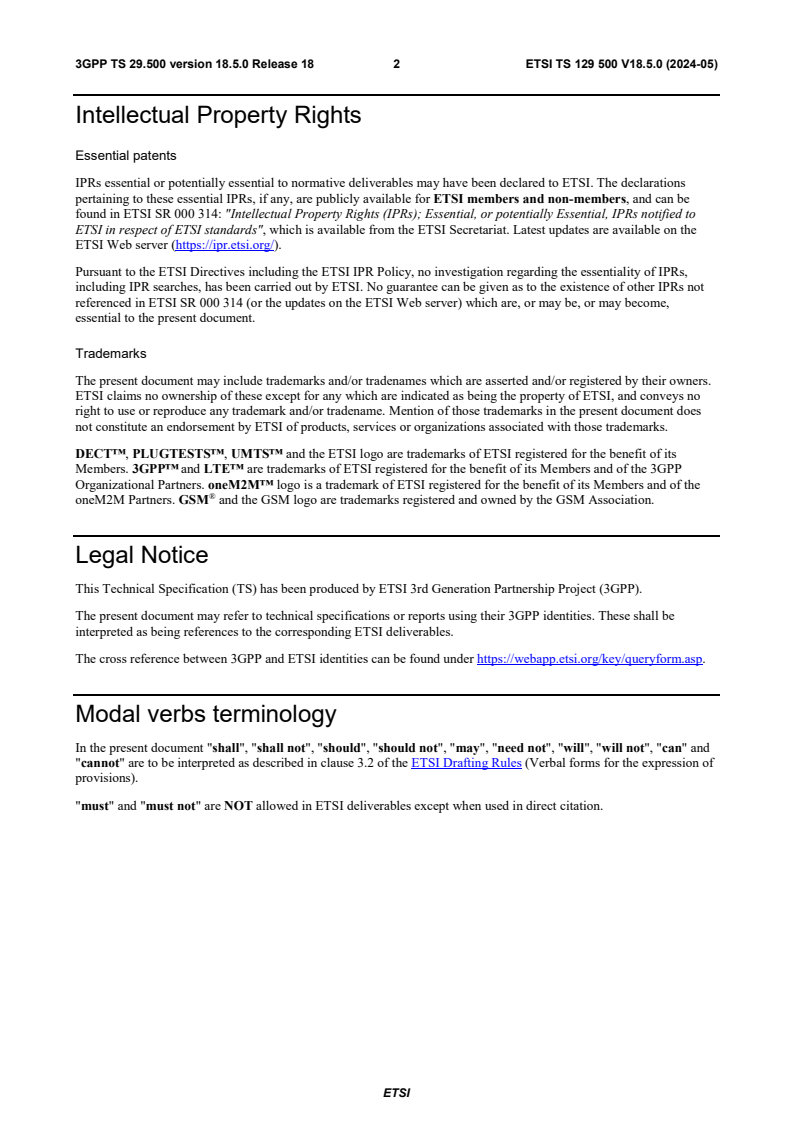 ETSI TS 129 500 V18.5.0 (2024-05) - 5G; 5G System; Technical Realization of Service Based Architecture; Stage 3 (3GPP TS 29.500 version 18.5.0 Release 18)