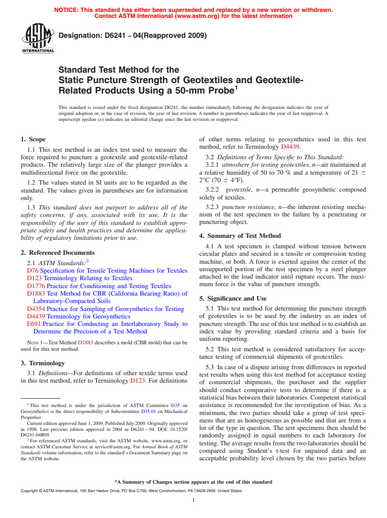 ASTM D6241-04(2009) - Standard Test Method for the Static Puncture Strength of Geotextiles and Geotextile-Related Products Using a 50-mm Probe