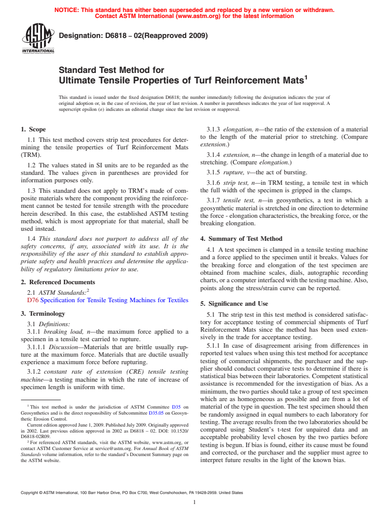 ASTM D6818-02(2009) - Standard Test Method for Ultimate Tensile Properties of Turf Reinforcement Mats