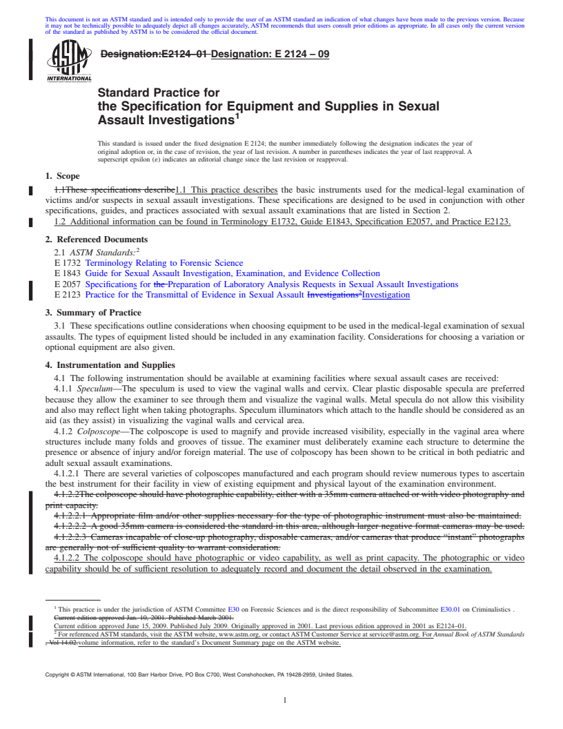 REDLINE ASTM E2124-09 - Standard Practice for the Specification for Equipment and Supplies in Sexual Assault Investigations