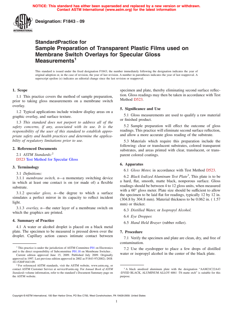 ASTM F1843-09 - Standard Practice for Sample Preparation of Transparent Plastic Films used on Membrane Switch Overlays for Specular Gloss Measurements